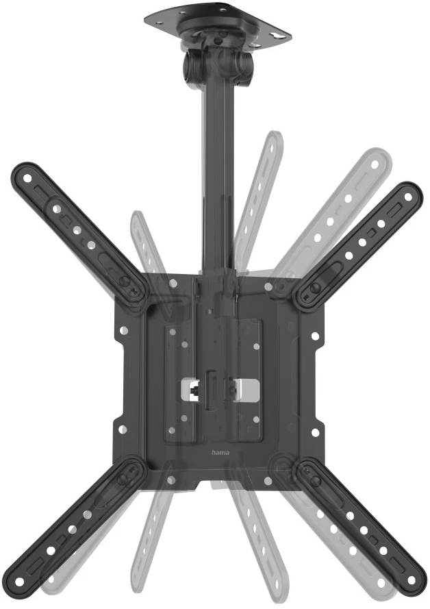 Eine schwarze Deckenhalterung für einen Fernseher, mit ausfahrbaren Armen, auf weißem Hintergrund.