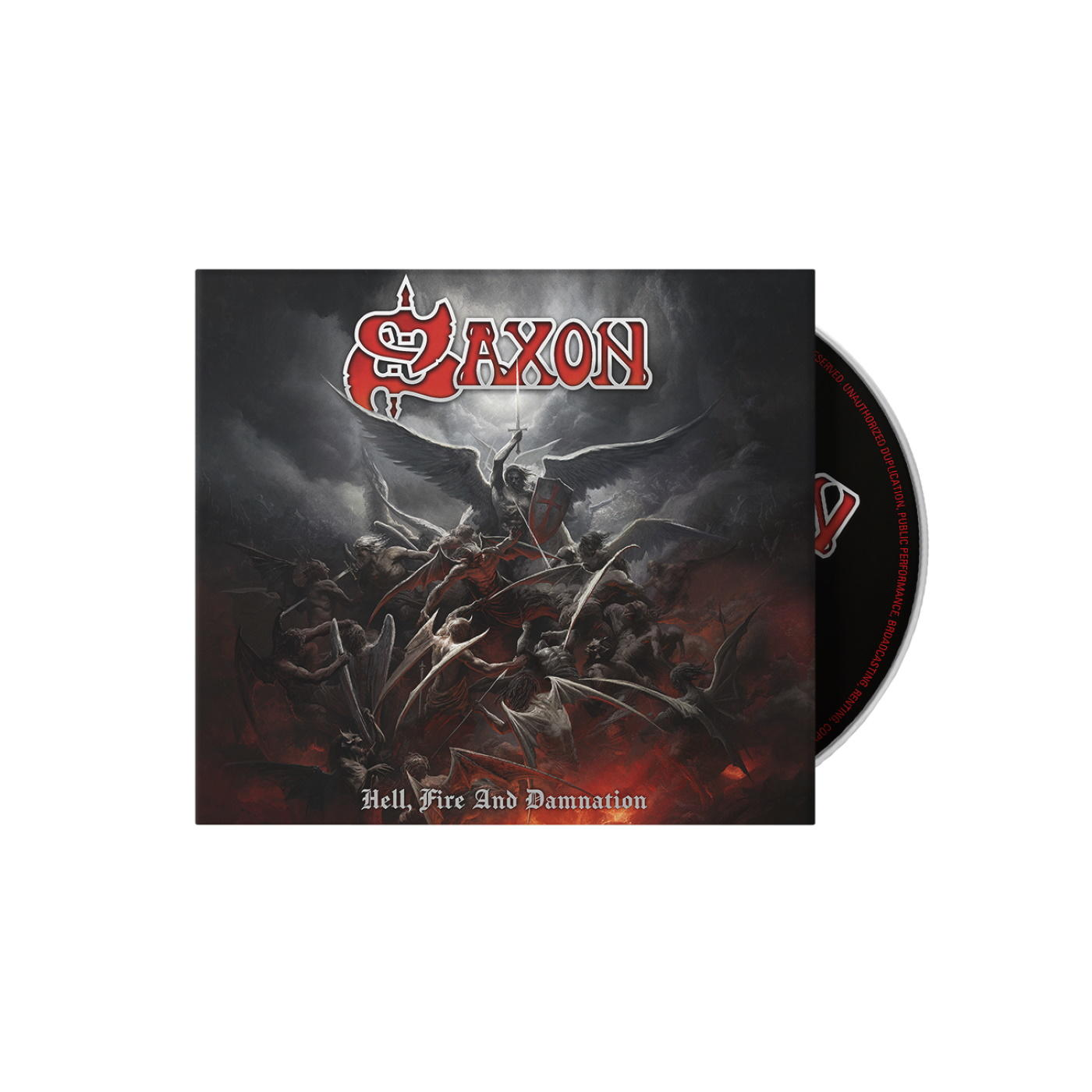 CD-Cover für das 'Saxon'-Album 'Hell, Fire And Damnation'. Kampfszene mit Flammen und Engeln.