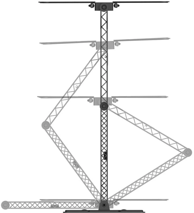 Eine Metallkonstruktion mit mehreren horizontalen Plattformen, verbunden durch einen zentralen Pfosten.
