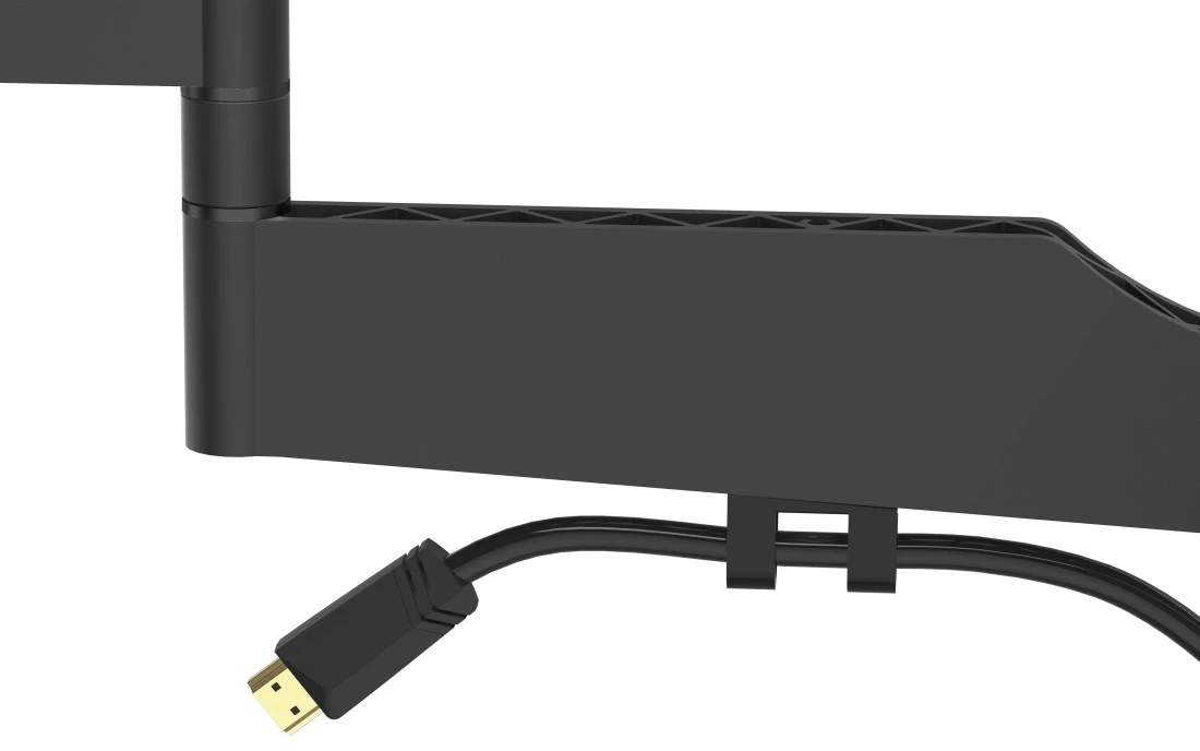 Schwarzer Monitorarm mit Kabel und Anschluss. Weißer Hintergrund.