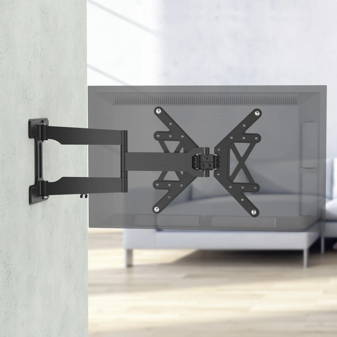 Schwarze TV-Halterung an weißer Wand. Ein Fernseher ist an der Halterung befestigt.