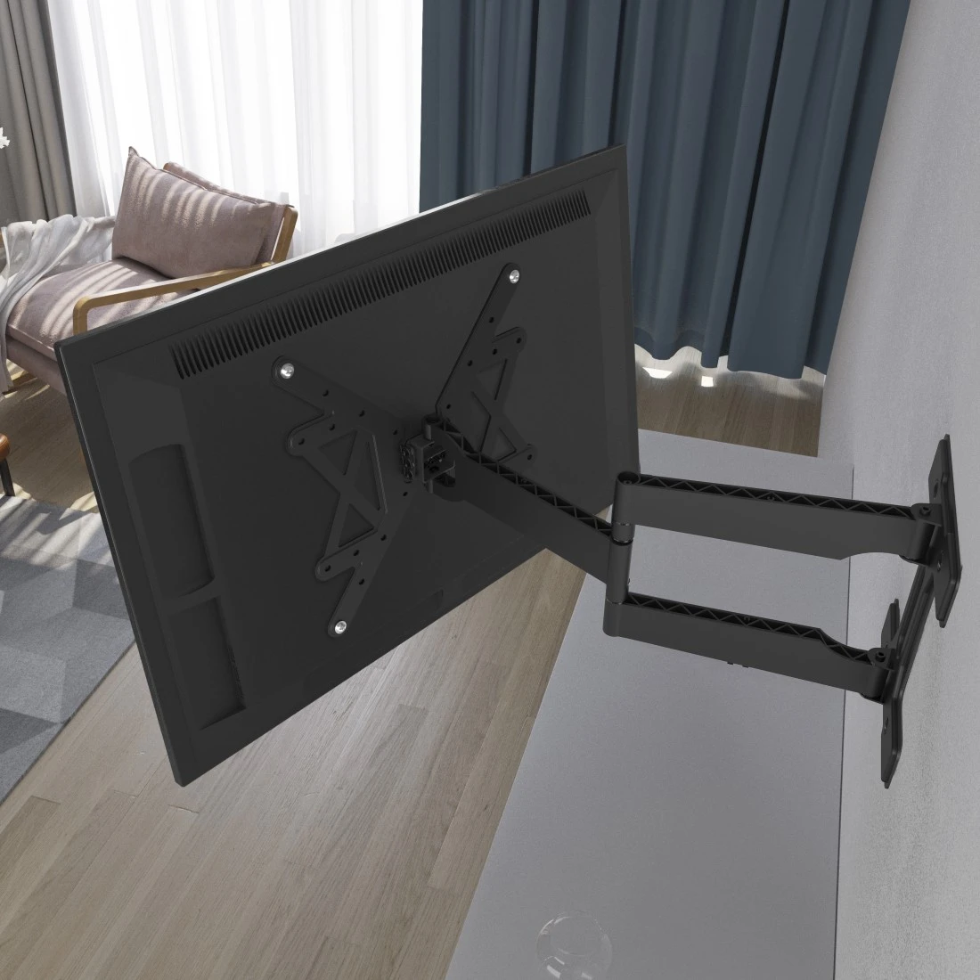 Rückseite eines Fernsehers an der Wand montiert, mit Halterung sichtbar.