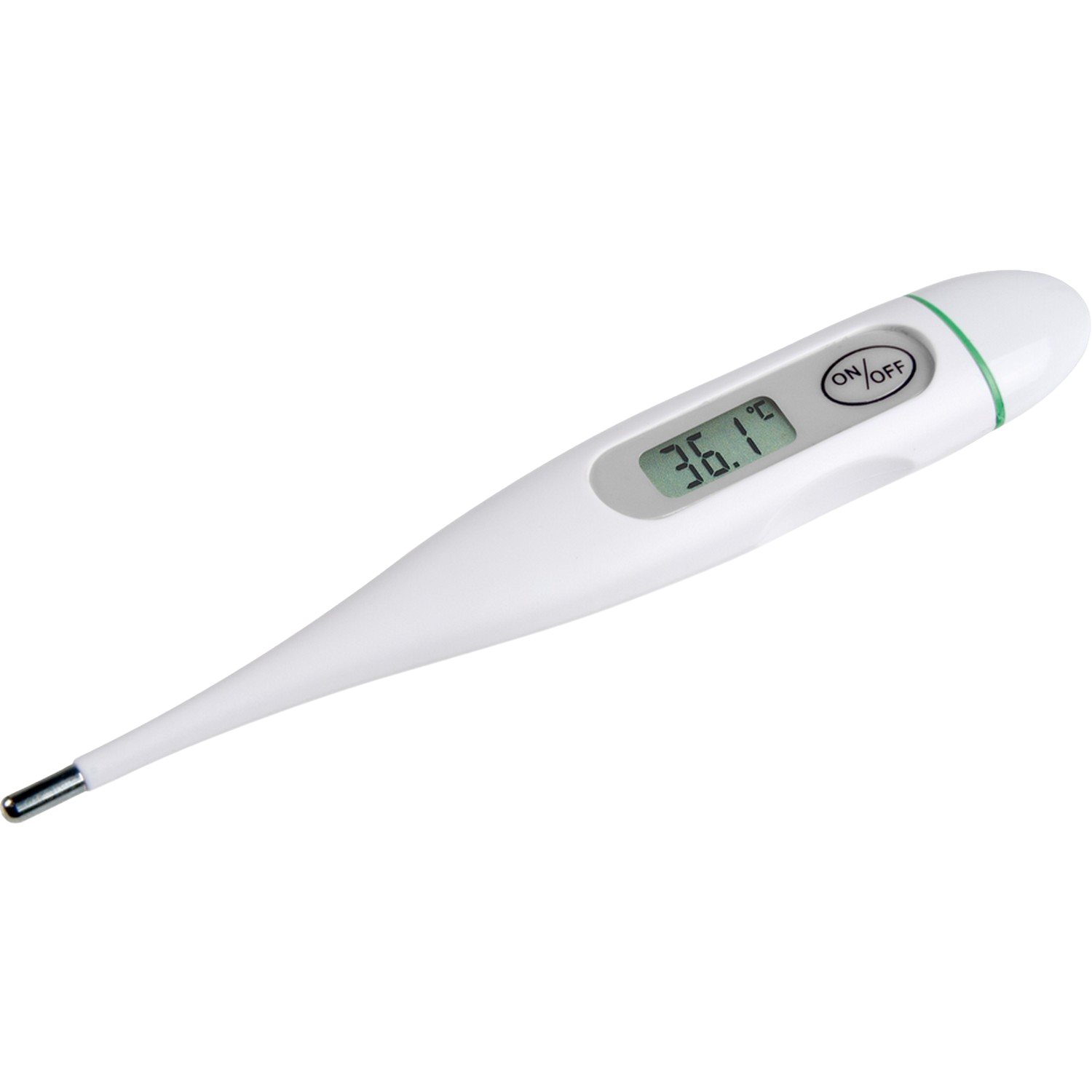 Un thermomètre numérique blanc affiche 36,1 degrés Celsius.