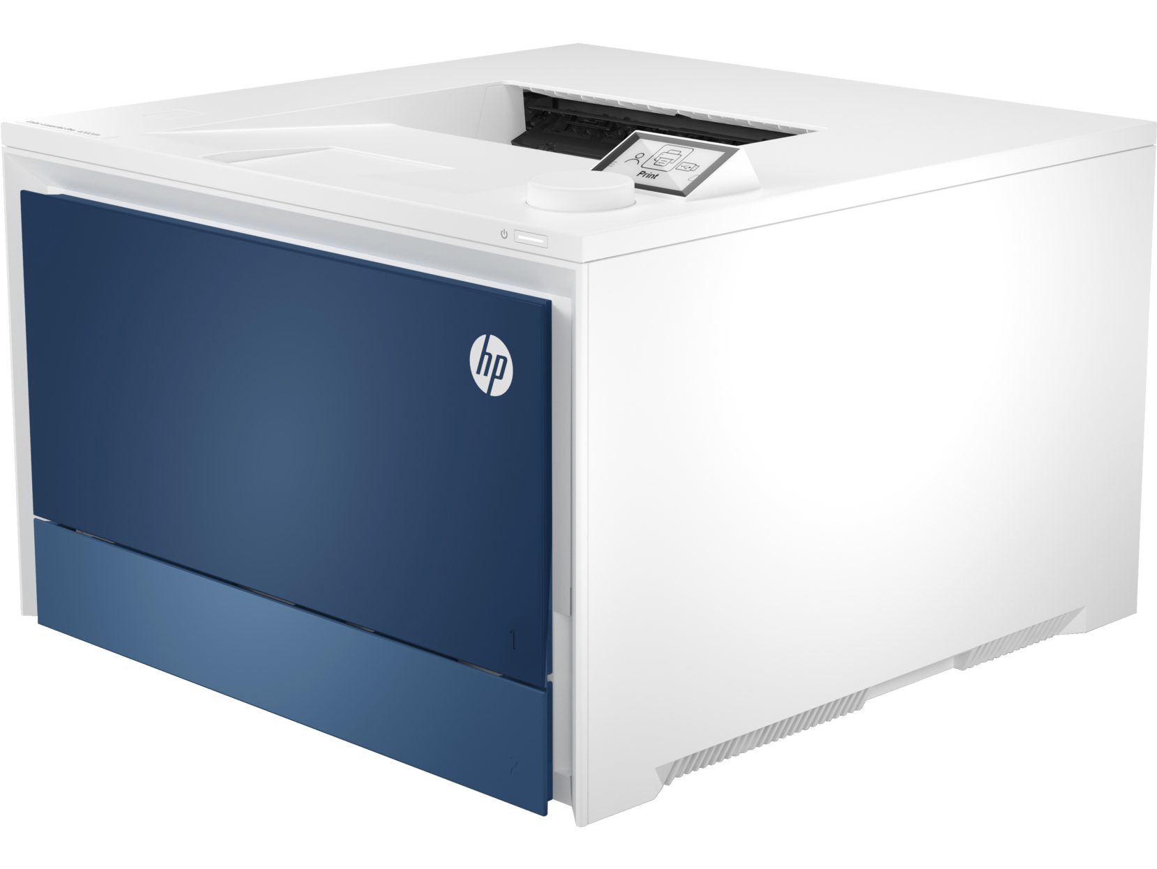Una impresora HP blanca y azul con el logo de HP.