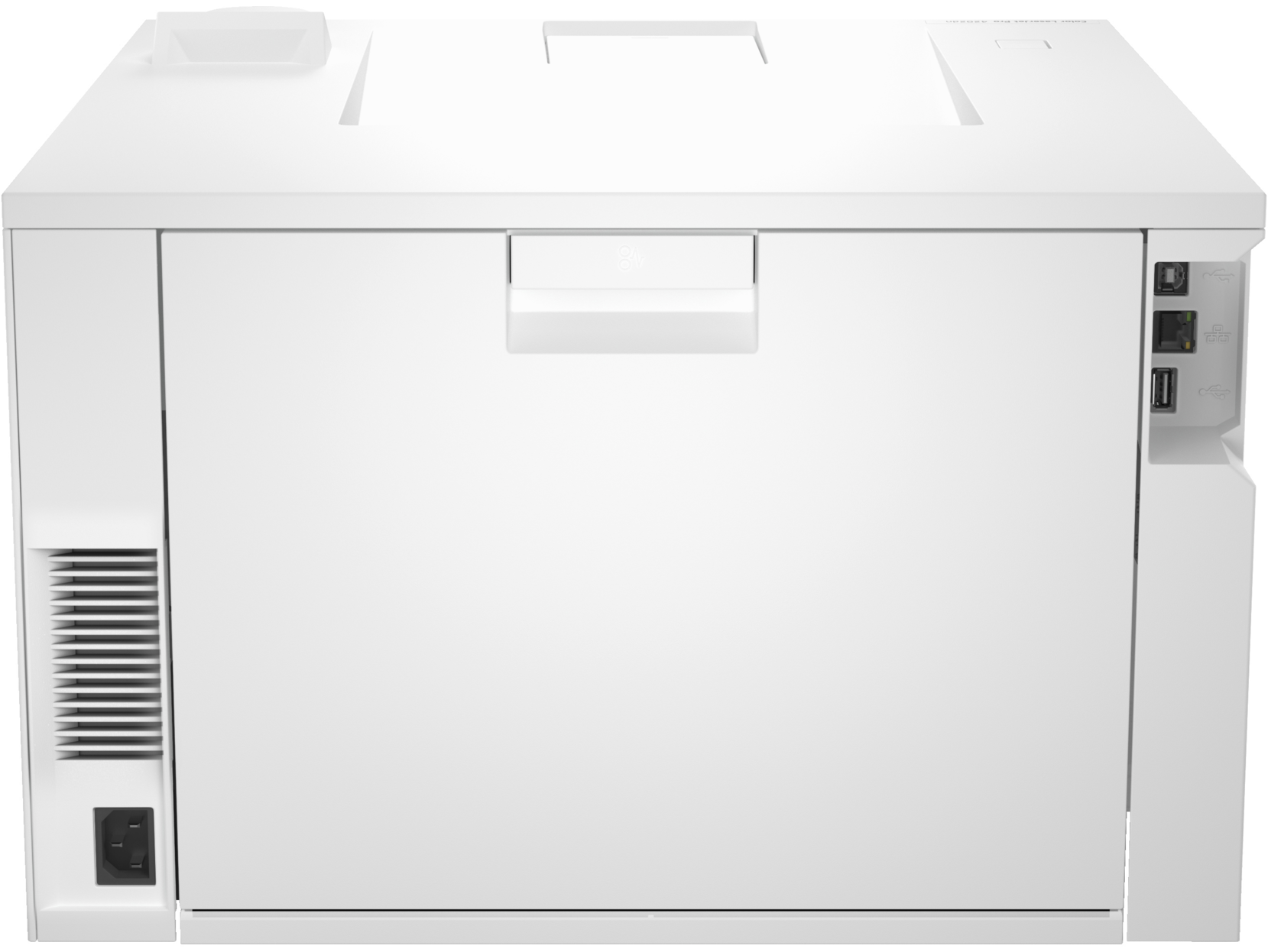 Impresora blanca, vista superior, con asa y ventilación lateral. Cable de alimentación y puertos visibles.
