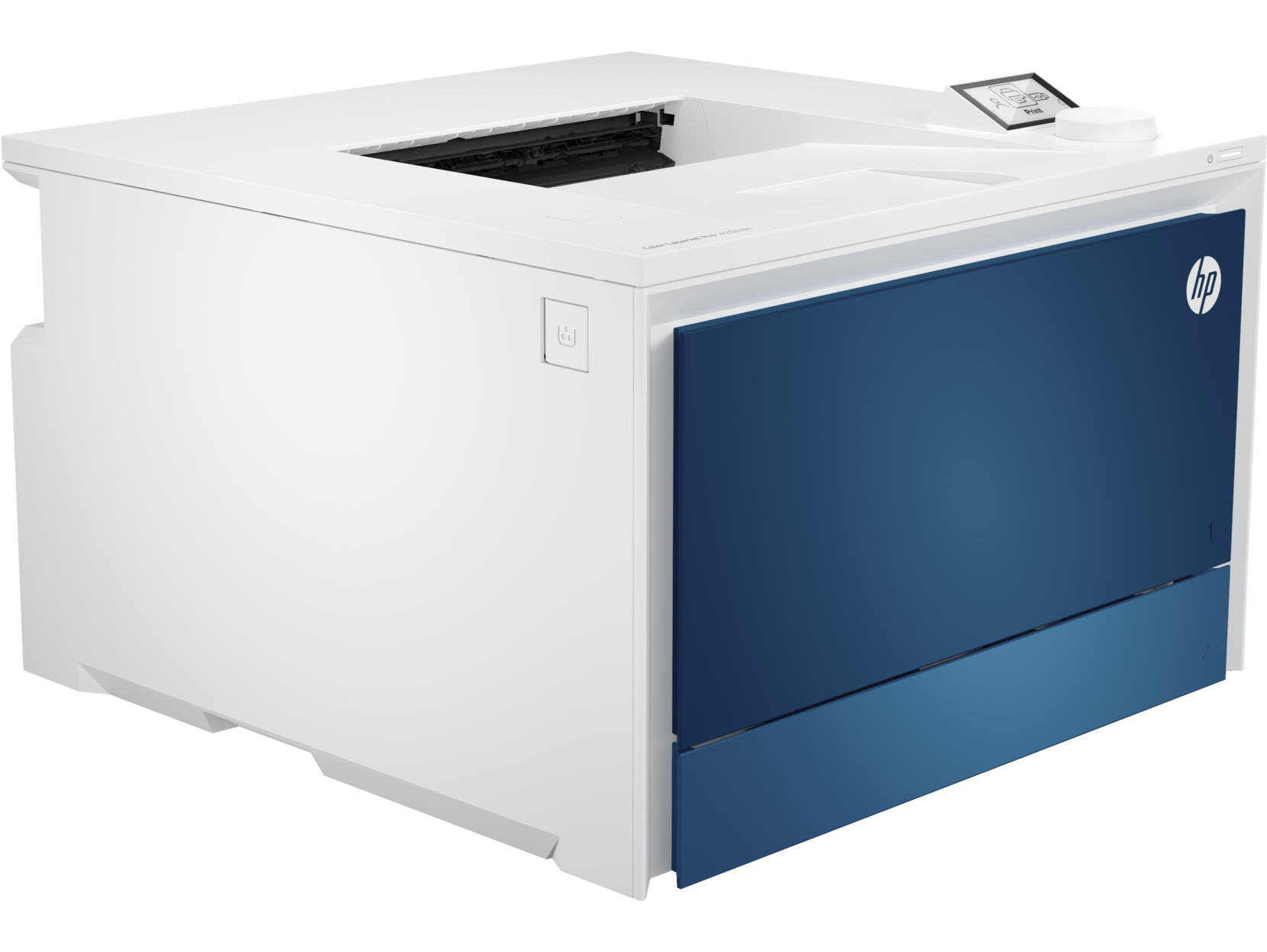 Impresora blanca y azul, vista en ángulo. Cuenta con puerta azul y panel de control. Logotipo de HP prominente.