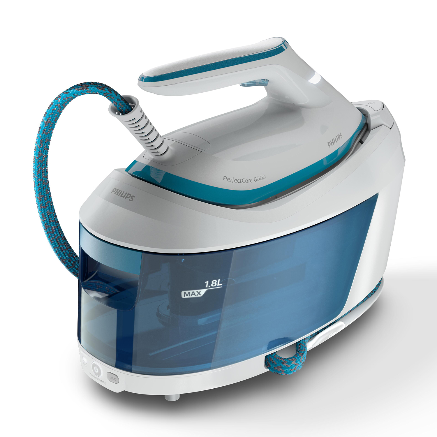 Ferro da stiro a vapore bianco e blu. Cavo blu. Serbatoio acqua 1,8L.