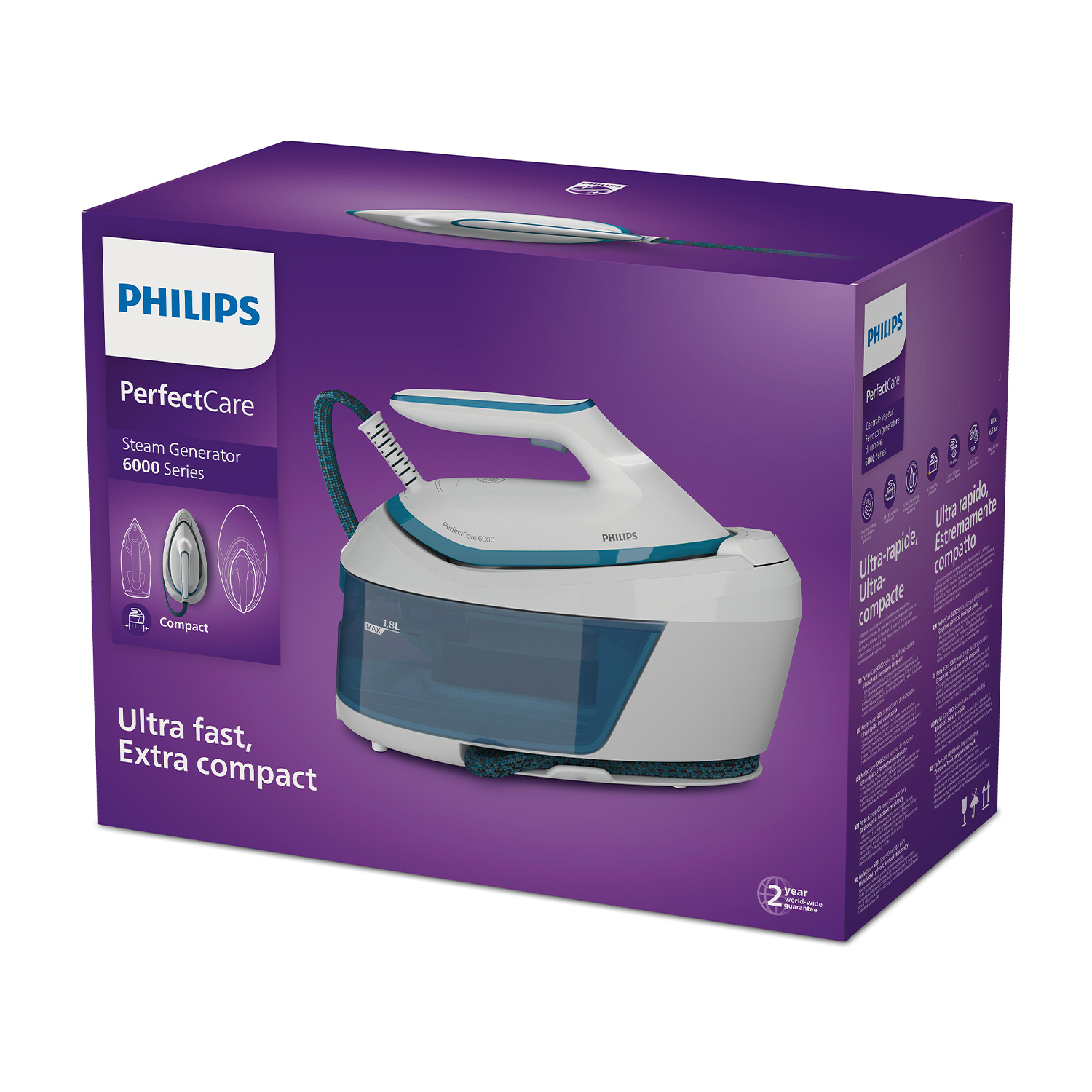 Scatola del ferro da stiro con generatore di vapore Philips PerfectCare, con testo e immagini.