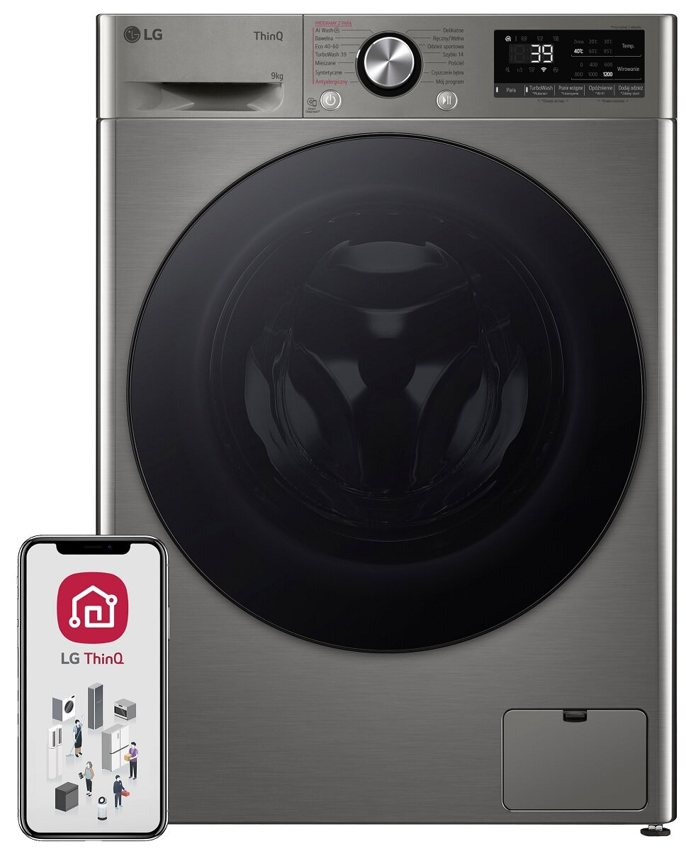 Pralka LG ThinQ, srebrny kolor, z telefonem pokazującym aplikację. Czarne drzwi.
