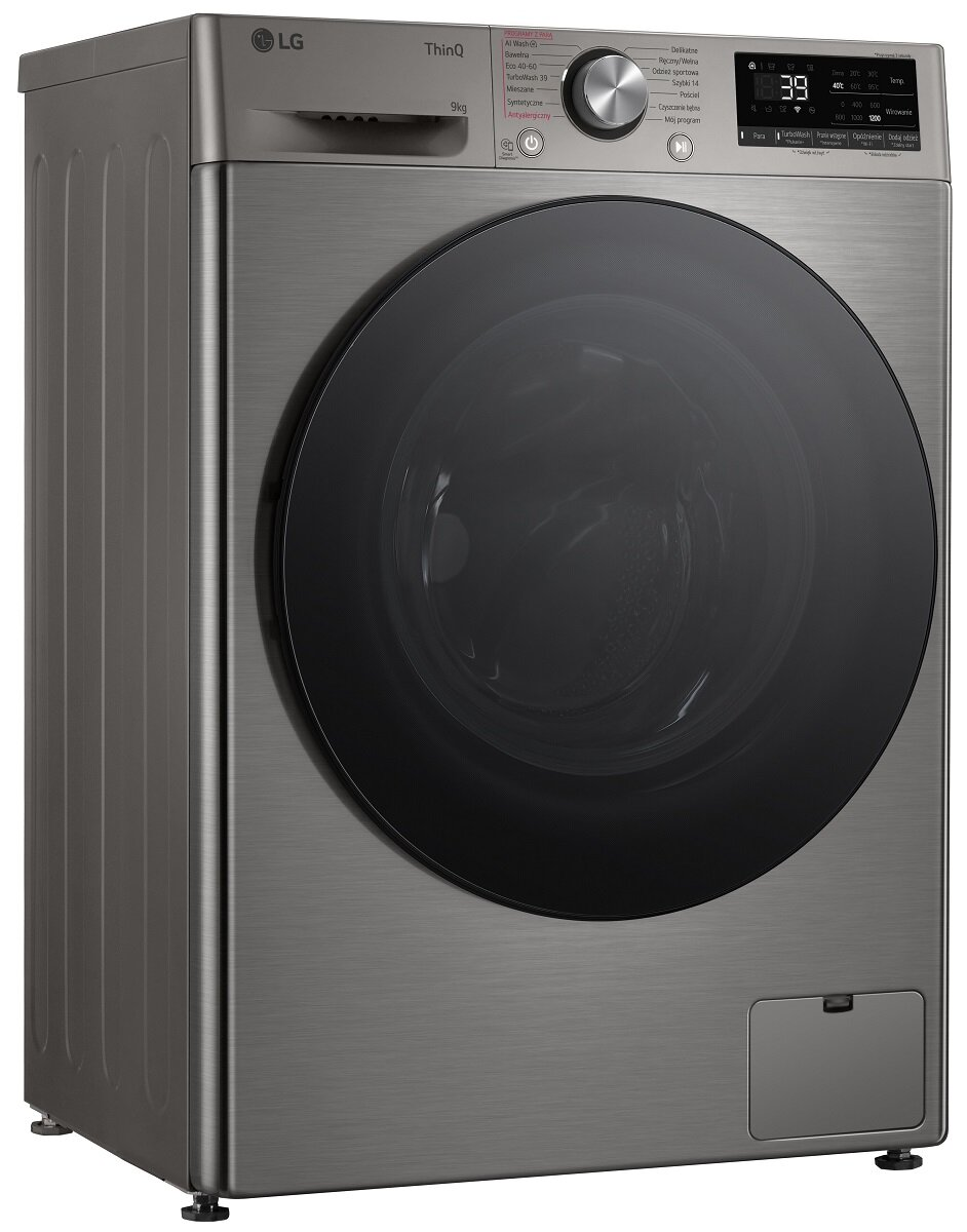 Szara pralka LG ThinQ, widok z boku, z czarnymi drzwiami i panelem sterowania.