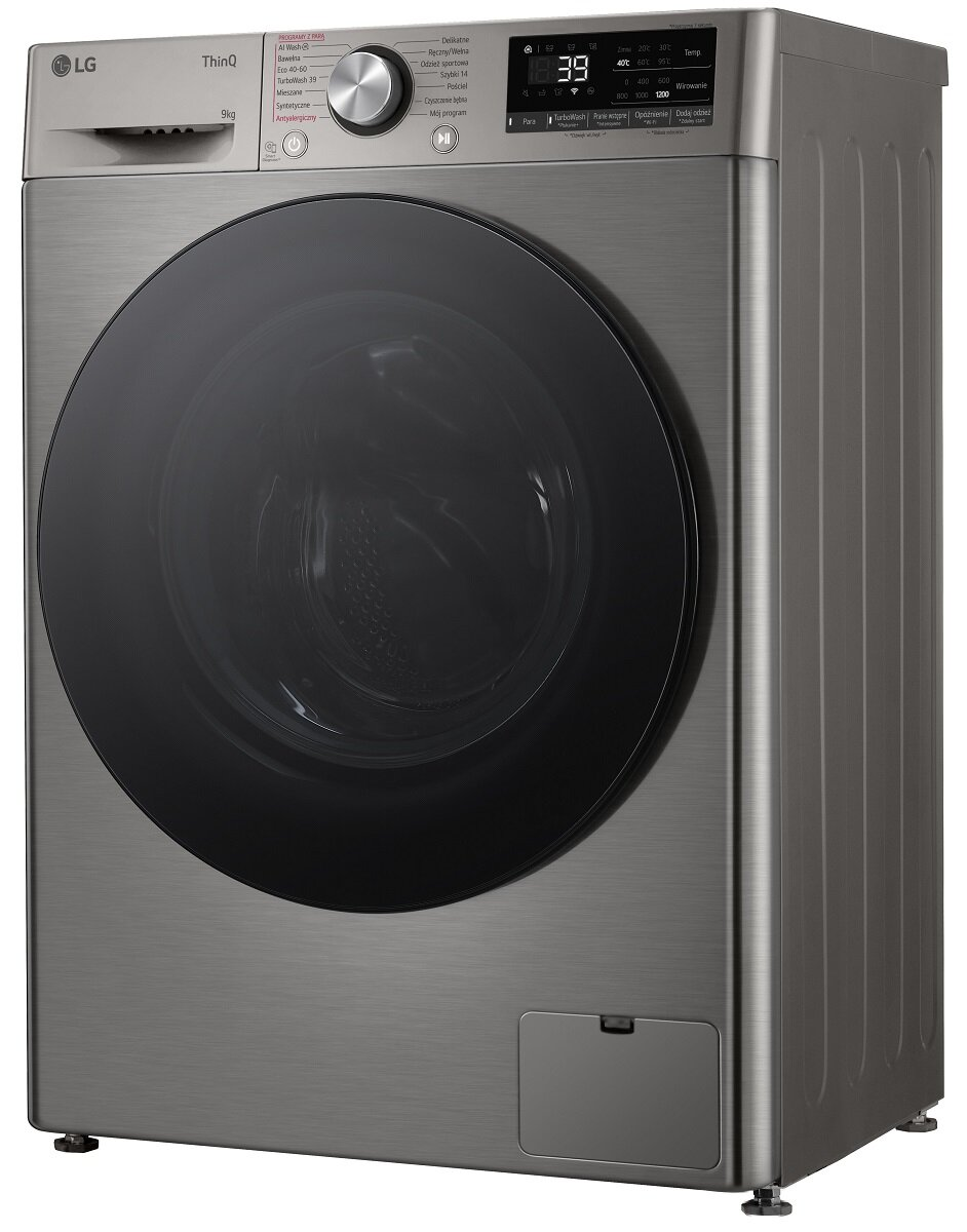 Srebrna pralka LG z czarnymi drzwiami i panelem sterowania.