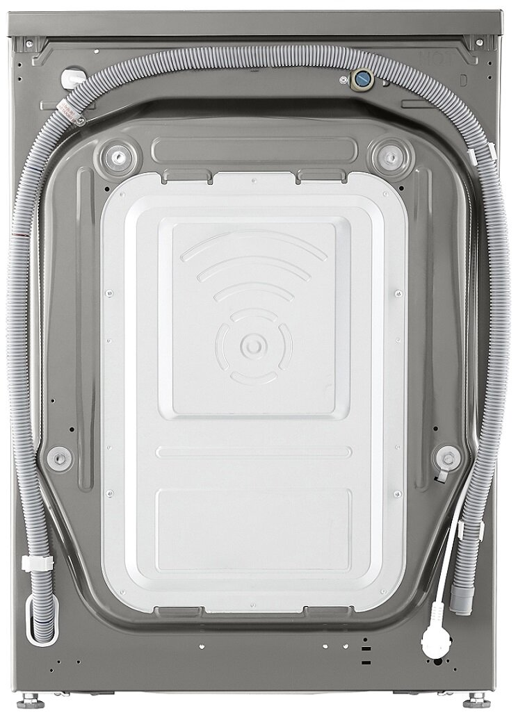 Widok z tyłu pralki, pokazujący tylny panel z wężami i przewodem zasilającym. Szary kolor.