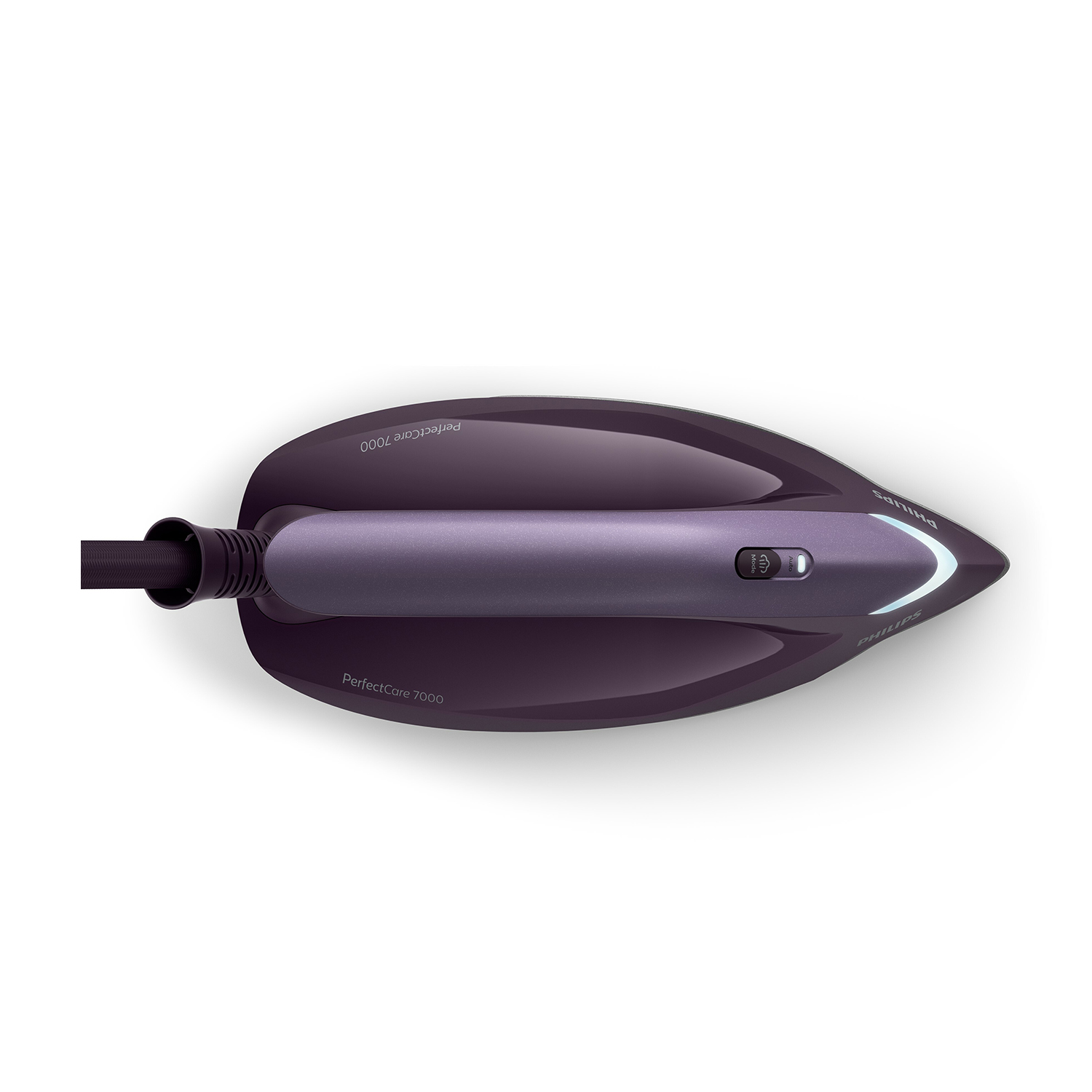 Un ferro da stiro Philips PerfectCare 7000, vista dall'alto, viola scuro, con pannello di controllo grigio.