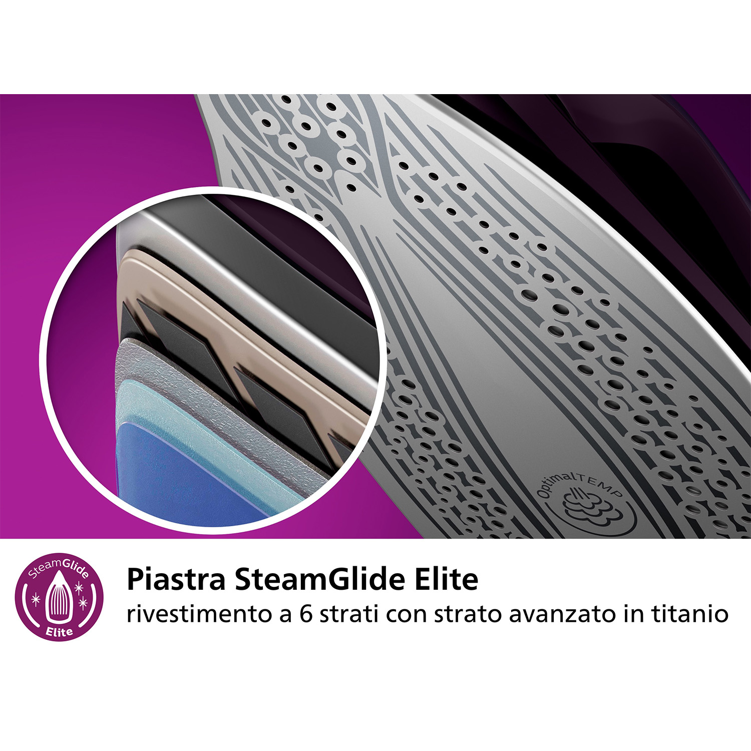 Primo piano dei dettagli della piastra del ferro. Testo in italiano: SteamGlide Elite con rivestimento in titanio a 6 strati.