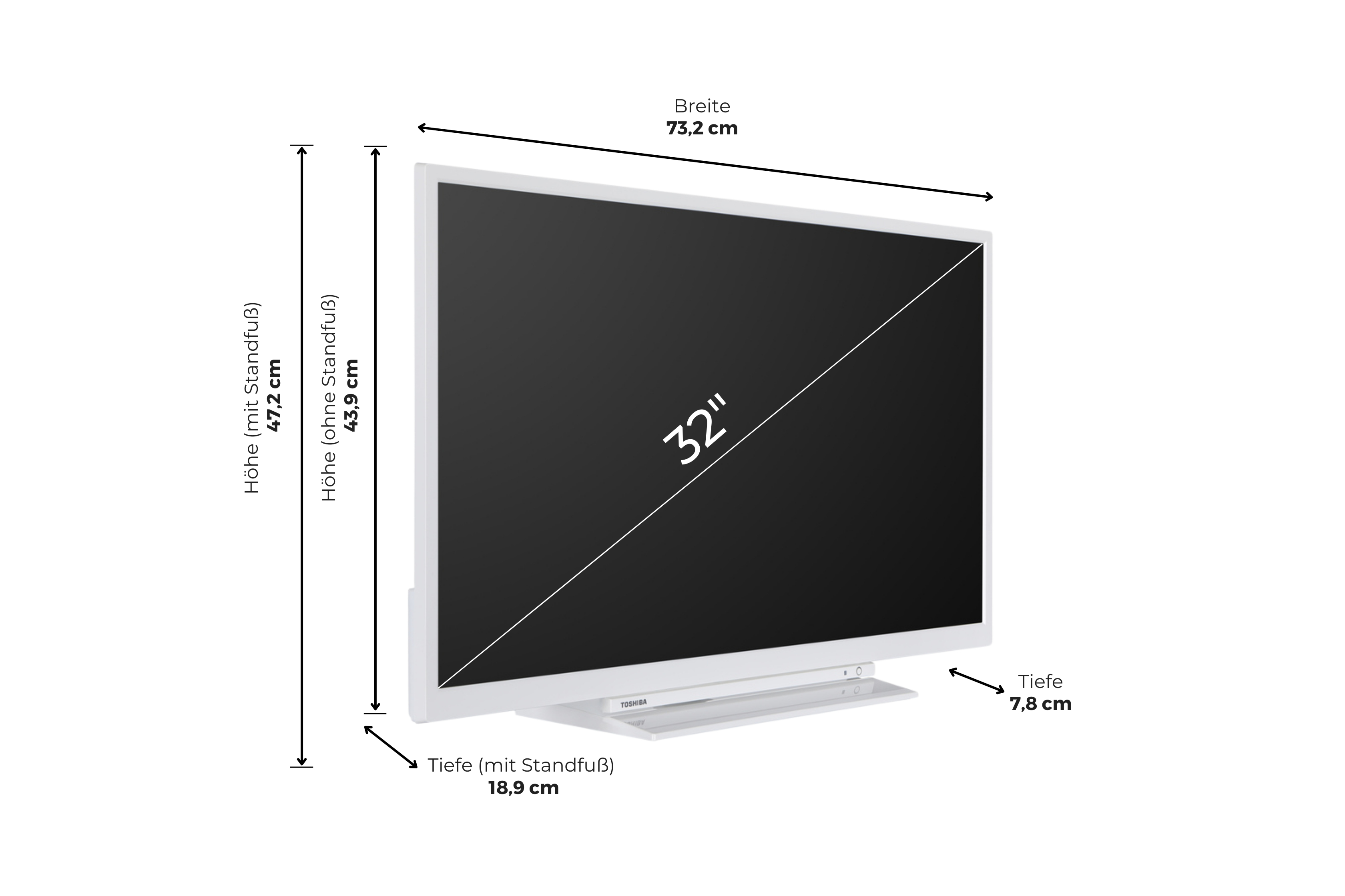 Weißer Fernseher mit weißem Ständer. Abmessungen sind links, Breite und Tiefe, angegeben.