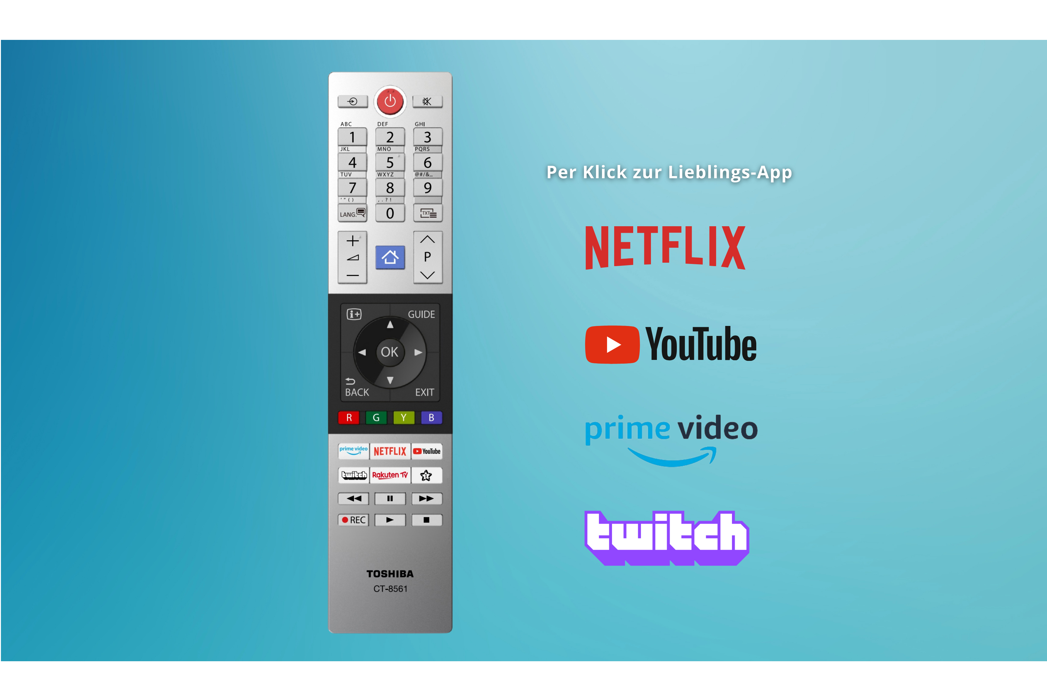 TV-Fernbedienung mit App-Symbolen: Netflix, YouTube, Prime Video und Twitch auf blauem Hintergrund.