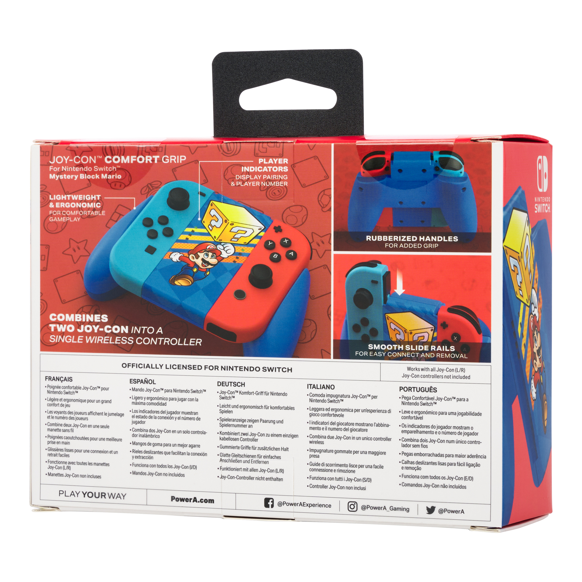 Nintendo Switch Joy-Con Comfort Grip Box mit roten und blauen Controllern und Mario-Art.