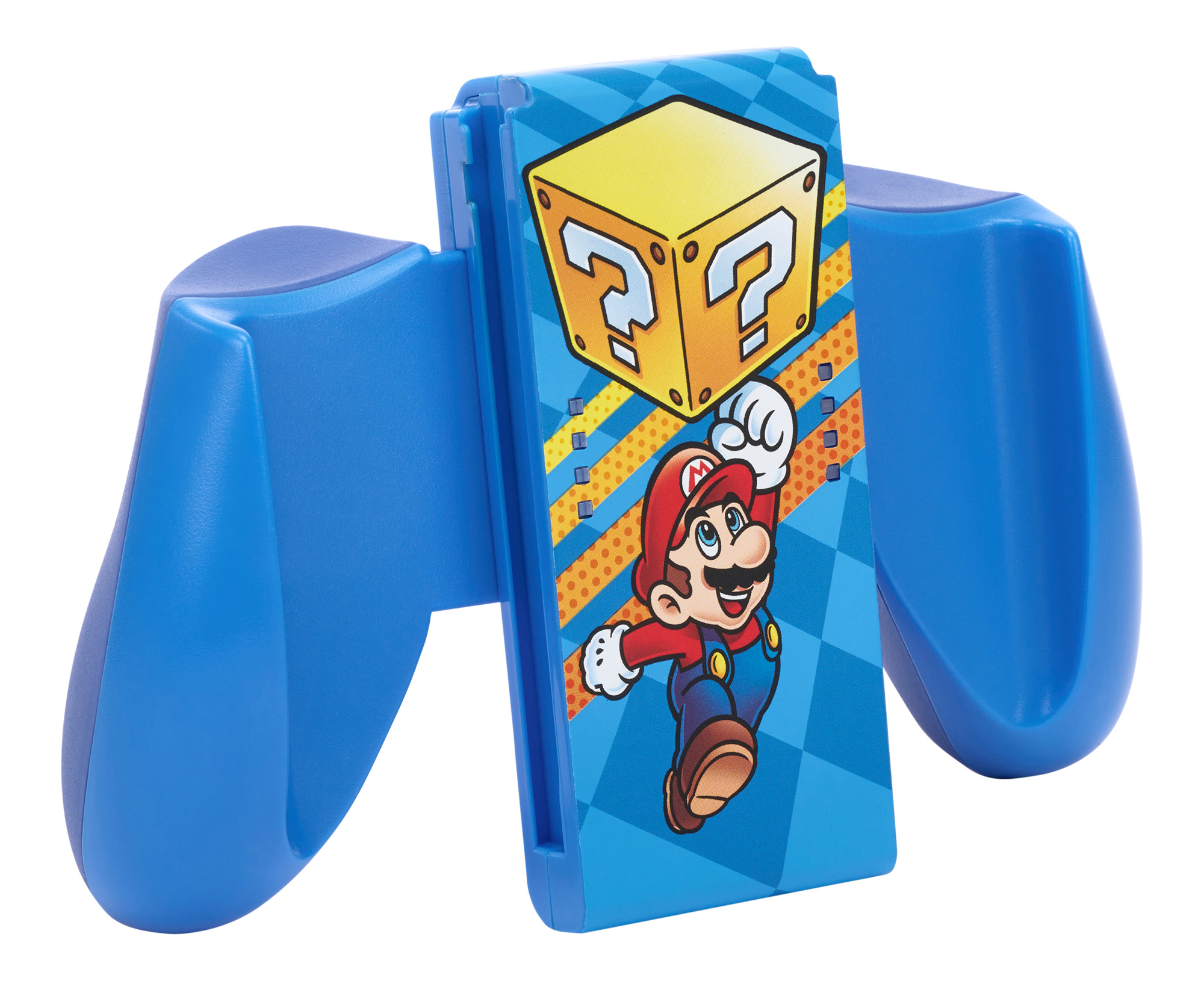 Blaue Controller-Griffe mit Mario-Charakter-Illustration auf dem Mittelstück.