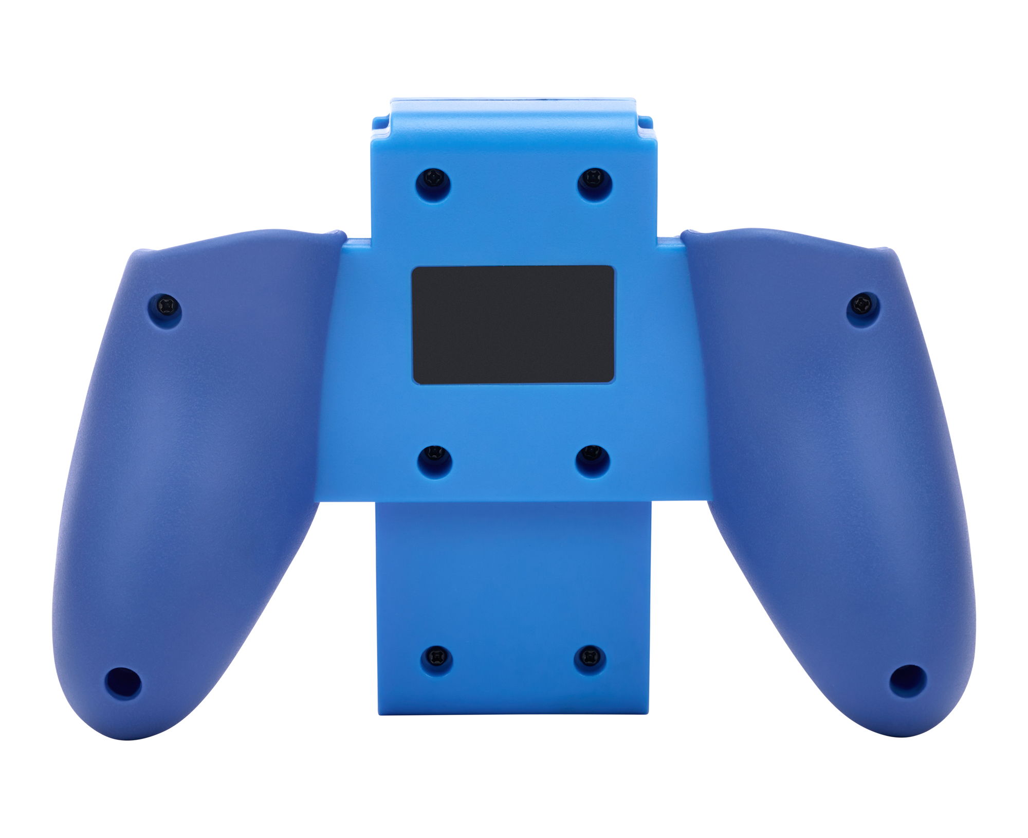 Blaues Gamecontroller-Zubehör, Rückansicht. Schwarze Schrauben sind sichtbar. Weißer Hintergrund.