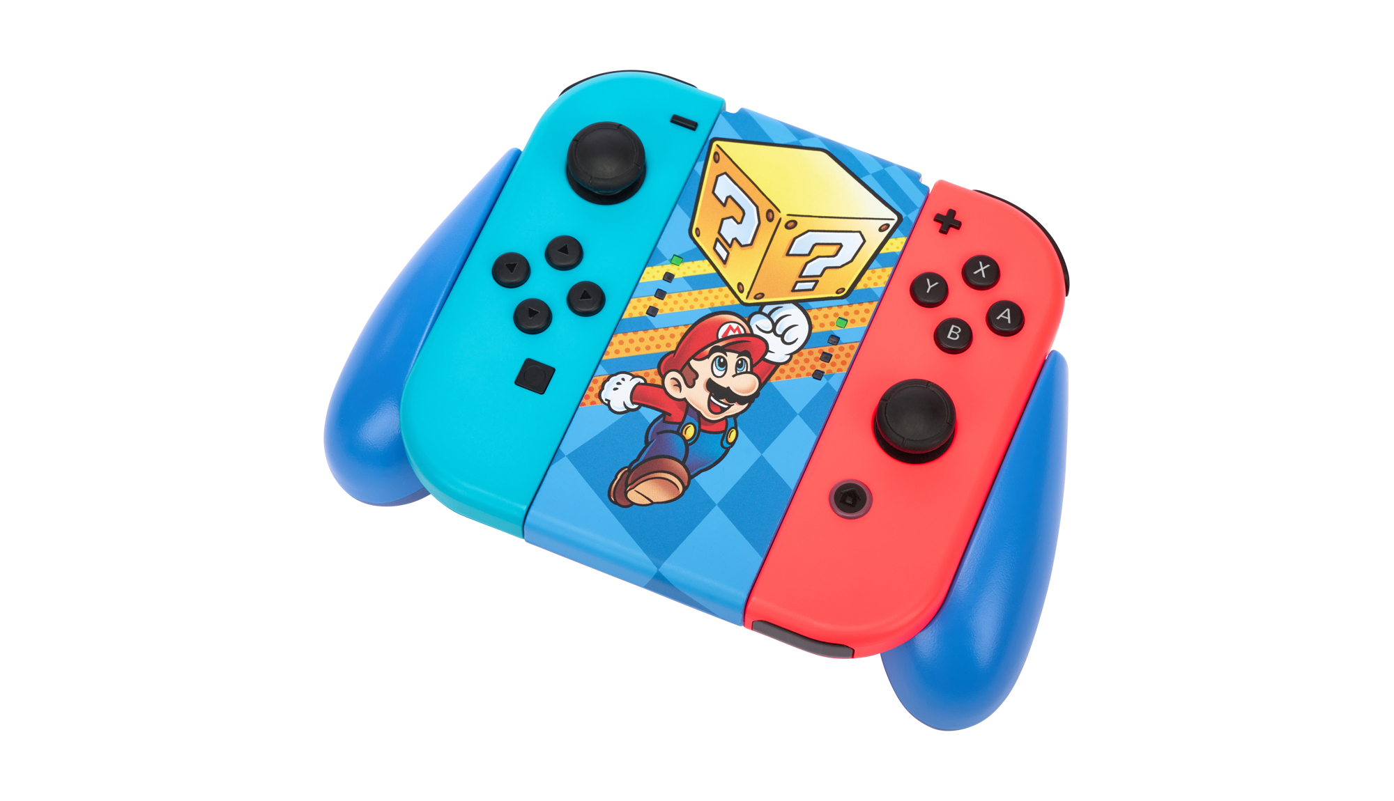 Nintendo Switch Joy-Cons. Einer blau, einer rot, beide mit Mario-Grafiken. Weißer Hintergrund.