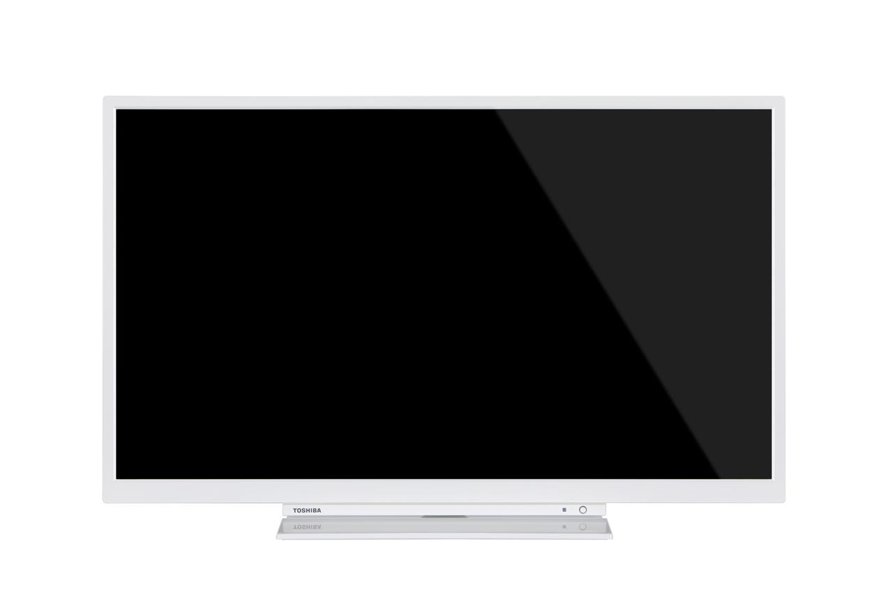 Weißer Toshiba-Fernseher mit schwarzem Bildschirm und silbernem Sockel. Der Bildschirm hat eine Reflexion.