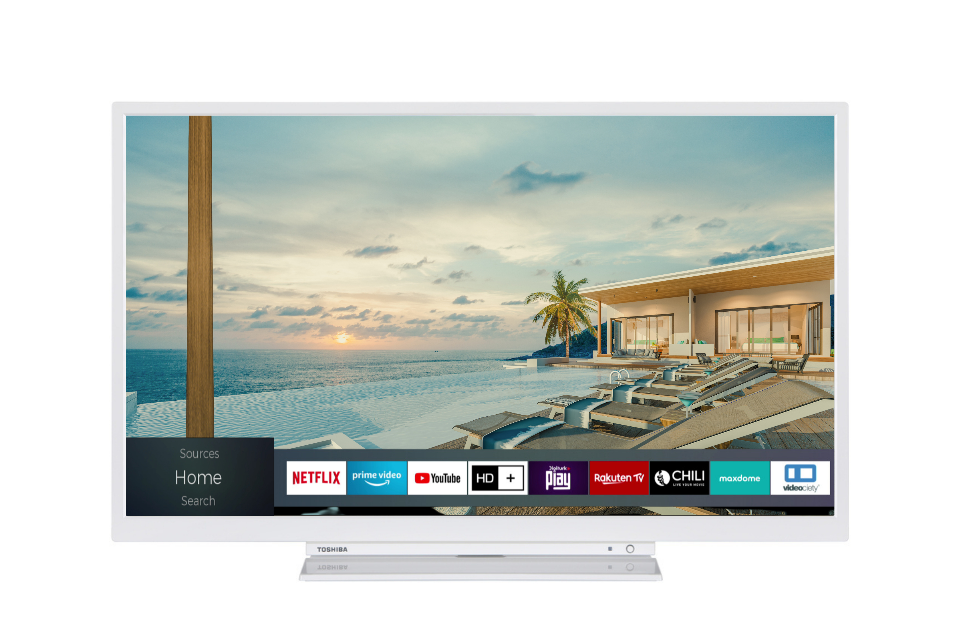 Weißer Toshiba TV mit Strandansicht und Smart-TV-Apps auf weißem Ständer.