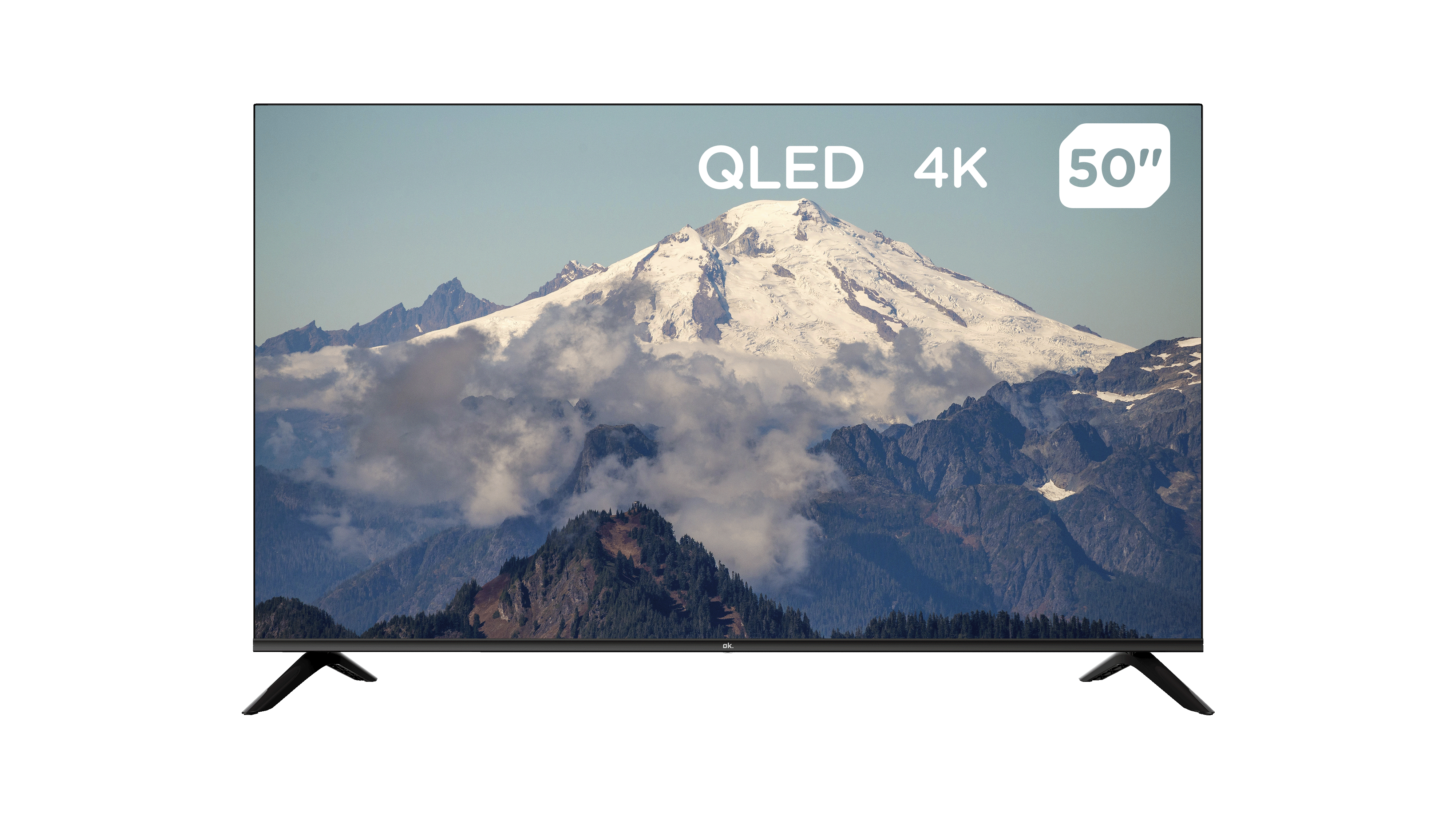 Ein 50-Zoll-QLED-4K-Fernseher zeigt eine Berglandschaft mit Schnee und Wolken.