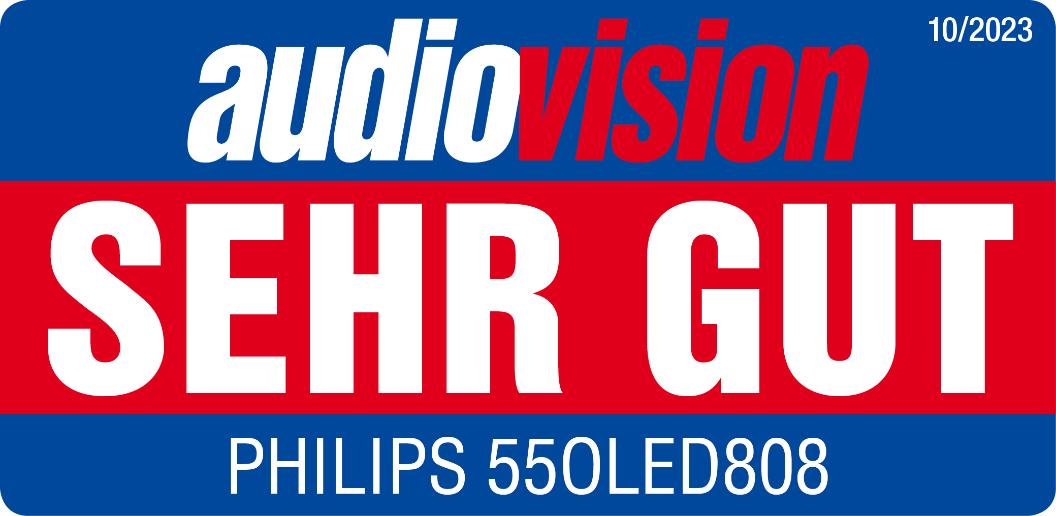 Blau-rotes Banner mit Text 'SEHR GUT' und 'audio vision' Logo.