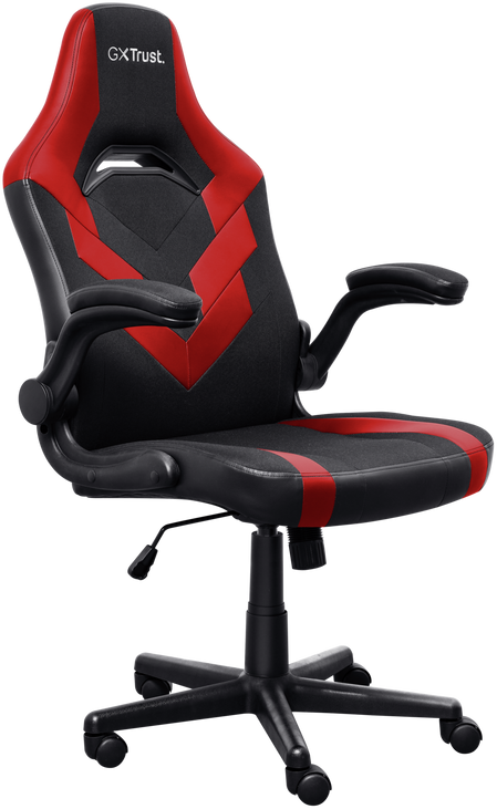 Fekete-piros gamer szék karfával, fekete háttérrel.