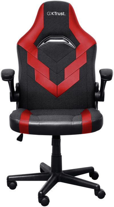 Fekete-piros gamer szék kartámaszokkal. A szék középen van.