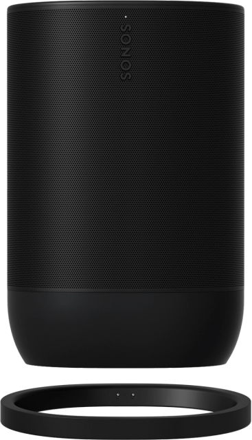 Egy fekete Sonos hangszóró fekete alappal és egy gyűrűvel az alaphoz. A hangszóró hengeres.
