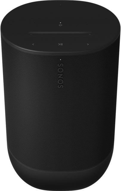 Fekete Sonos hangszóró, henger alakú, vezérlőgombokkal a tetején.