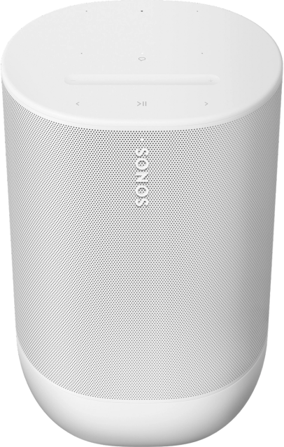 Egy fehér Sonos hangszóró, hengeres alakú, vezérlőgombokkal és a márkanévvel.