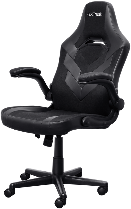 Fekete gamer szék fejtámlával, kartámaszokkal és kerekekkel, fekete talpon.