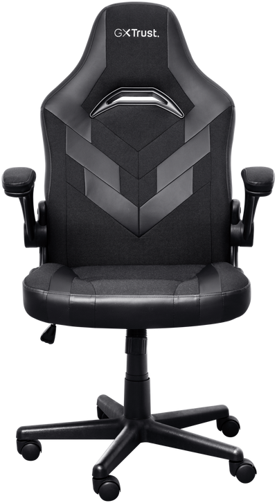 Egy fekete gamer szék fekete-szürke dizájnnal. A szék karfákkal és fejtámlával rendelkezik.