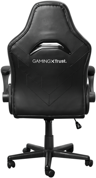 Fekete gamer szék, hátulnézet, 'GAMINGXTrust.' logóval.