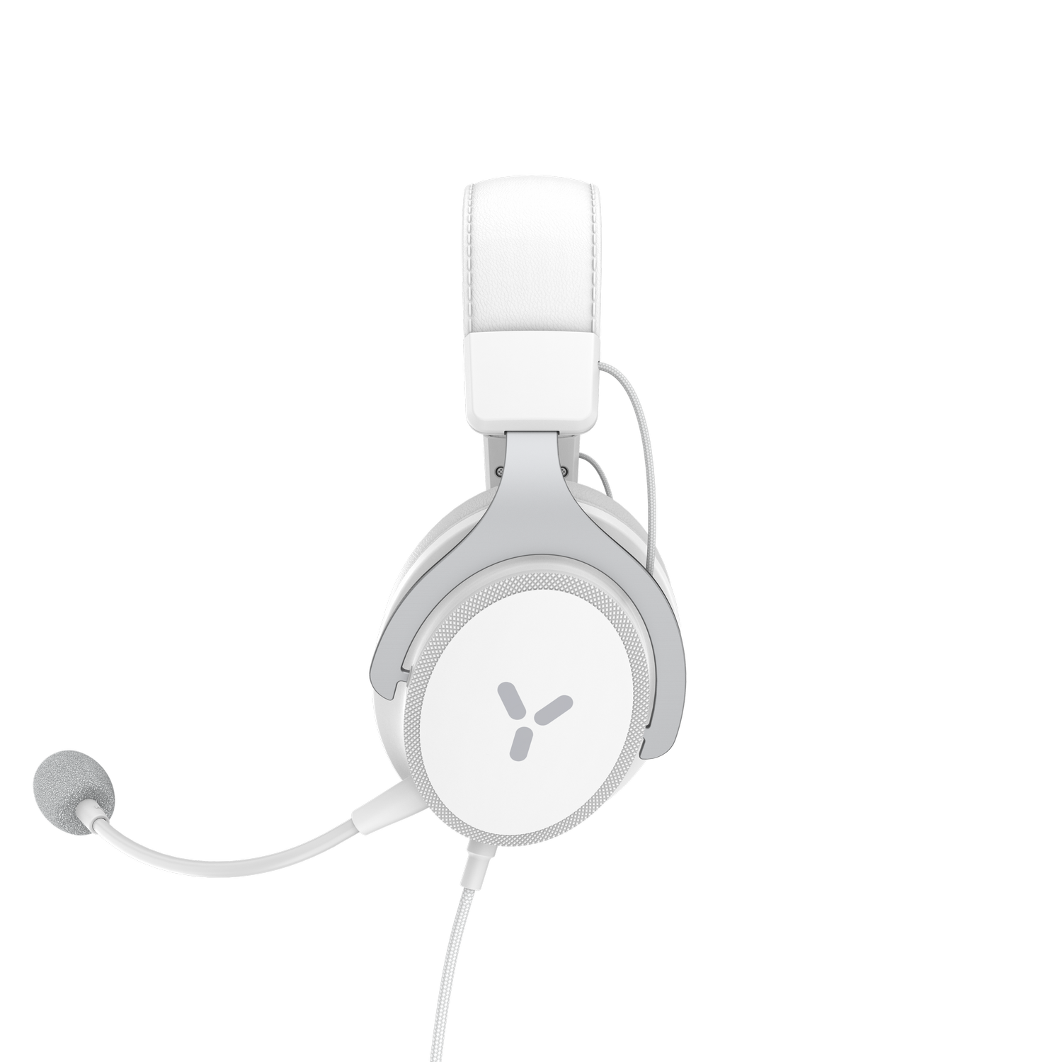 Auriculares blancos y grises con micrófono. Los auriculares tienen un logo y un cable.