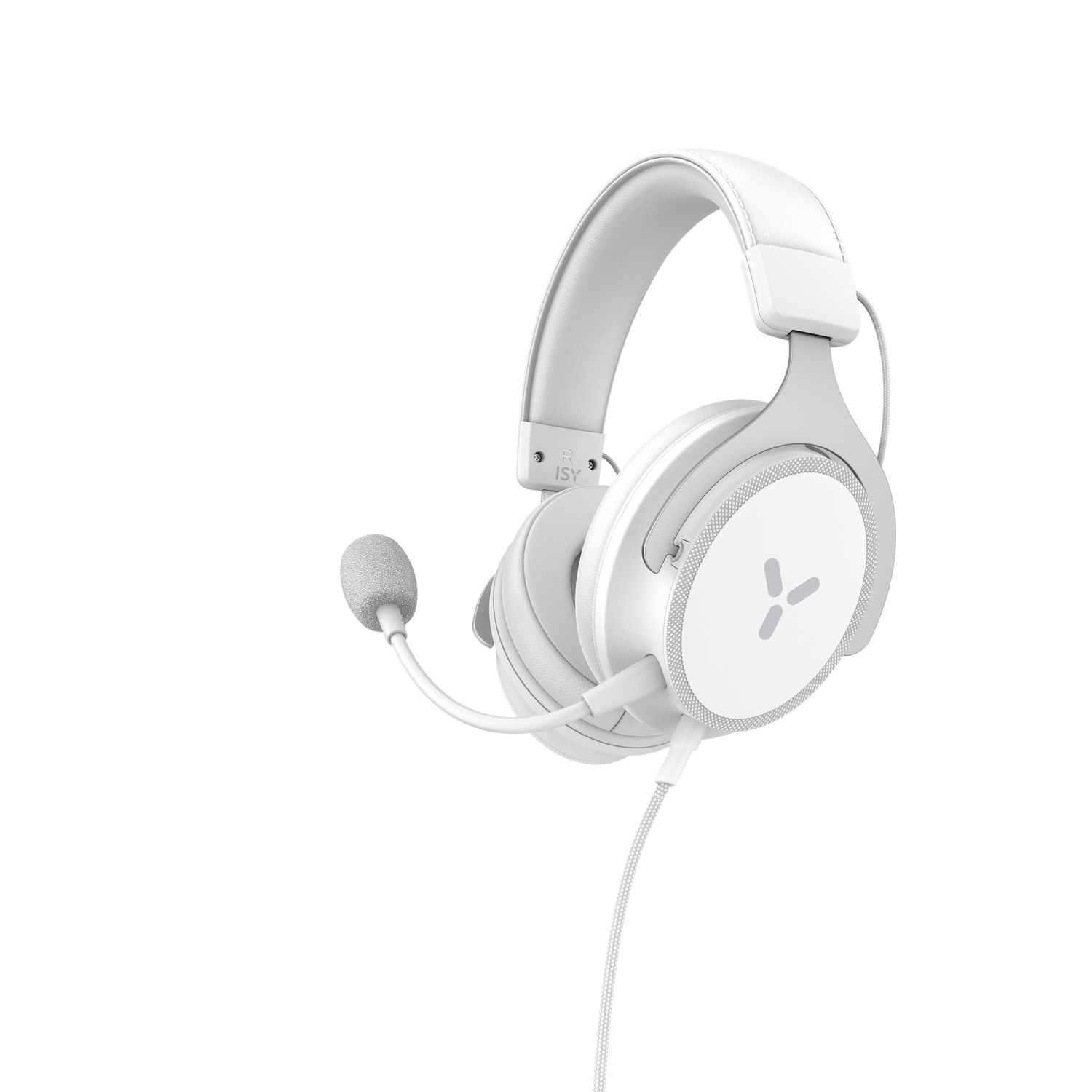 Auriculares gaming blancos con micrófono, aislados sobre negro.