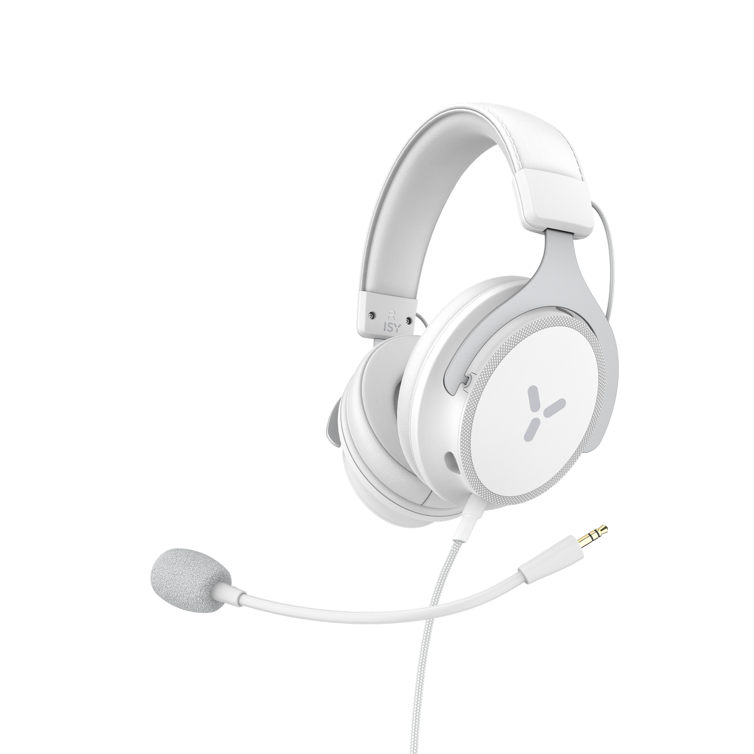 Auriculares gaming blancos con micro. Detalles grises. Fondo negro. Vista superior. Los auriculares son blancos.