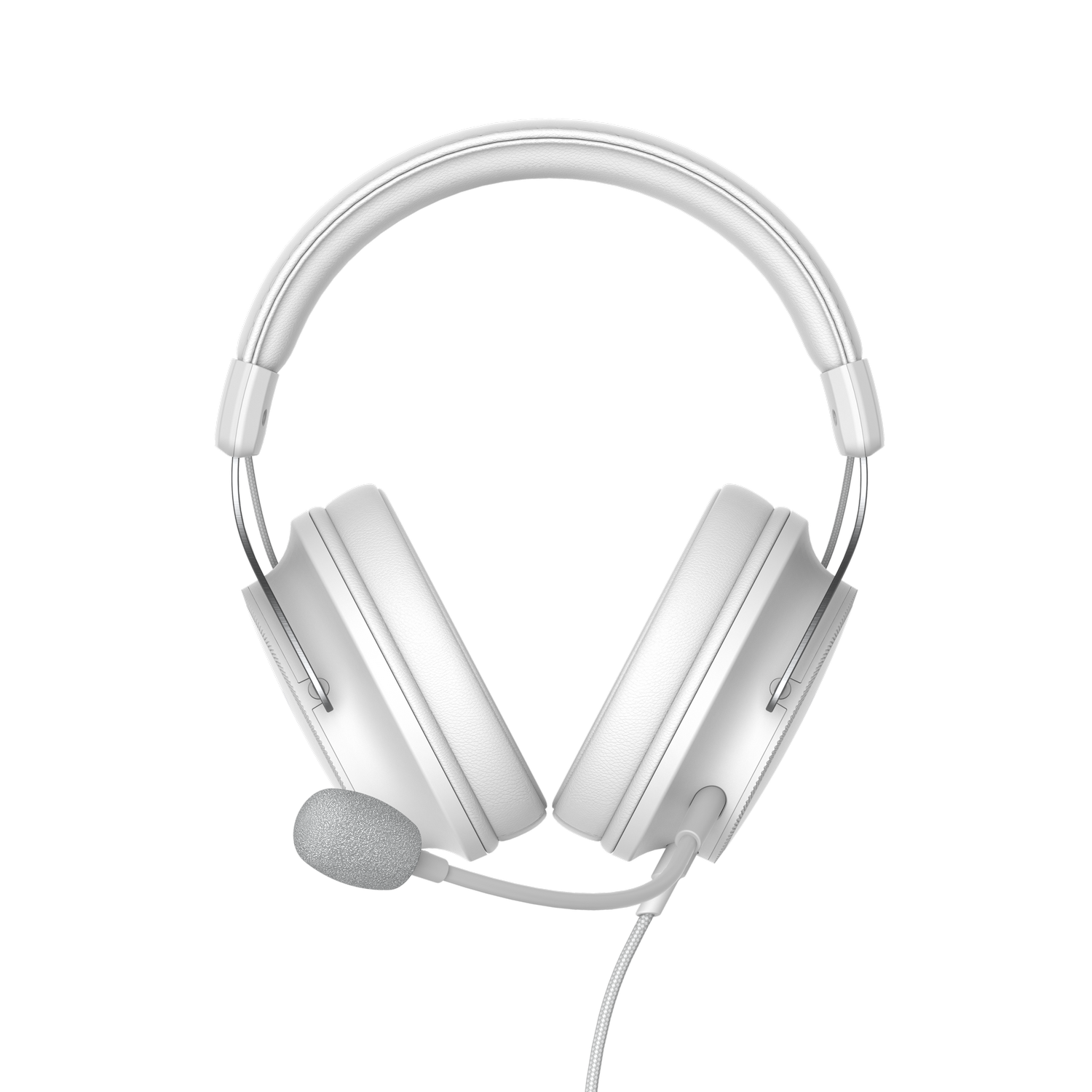 Auriculares blancos con micro, sobre fondo negro.