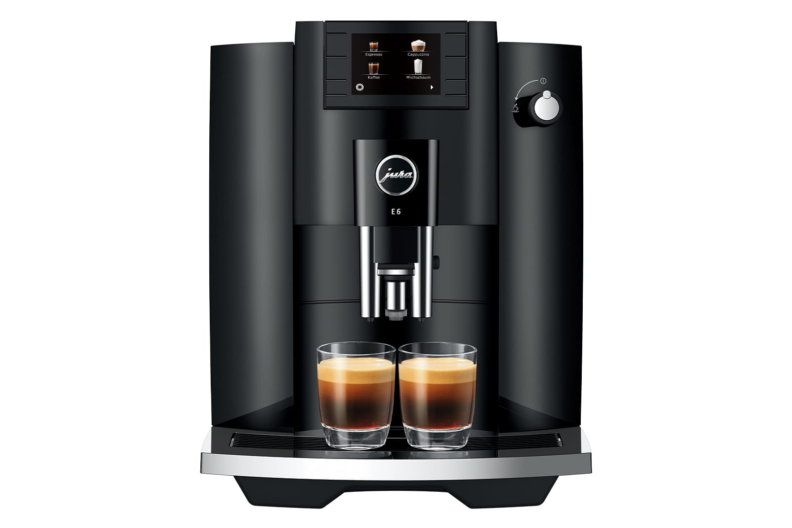 Cafetera negra con dos vasos de espresso y pantalla táctil.