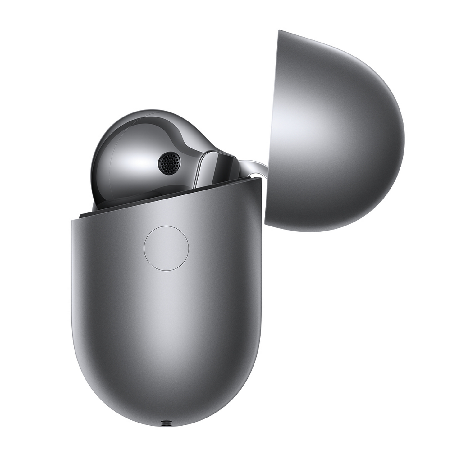 Auriculares inalámbricos gris metálico. Un auricular abierto, mostrando el altavoz interno y el puerto de carga.