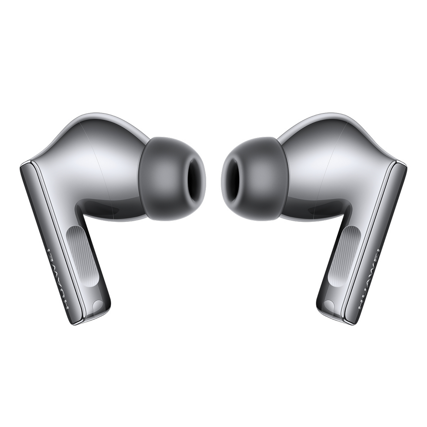 Auriculares plateados. Cada uno tiene un diseño curvo con una punta gris para el oído. Marca Huawei visible.