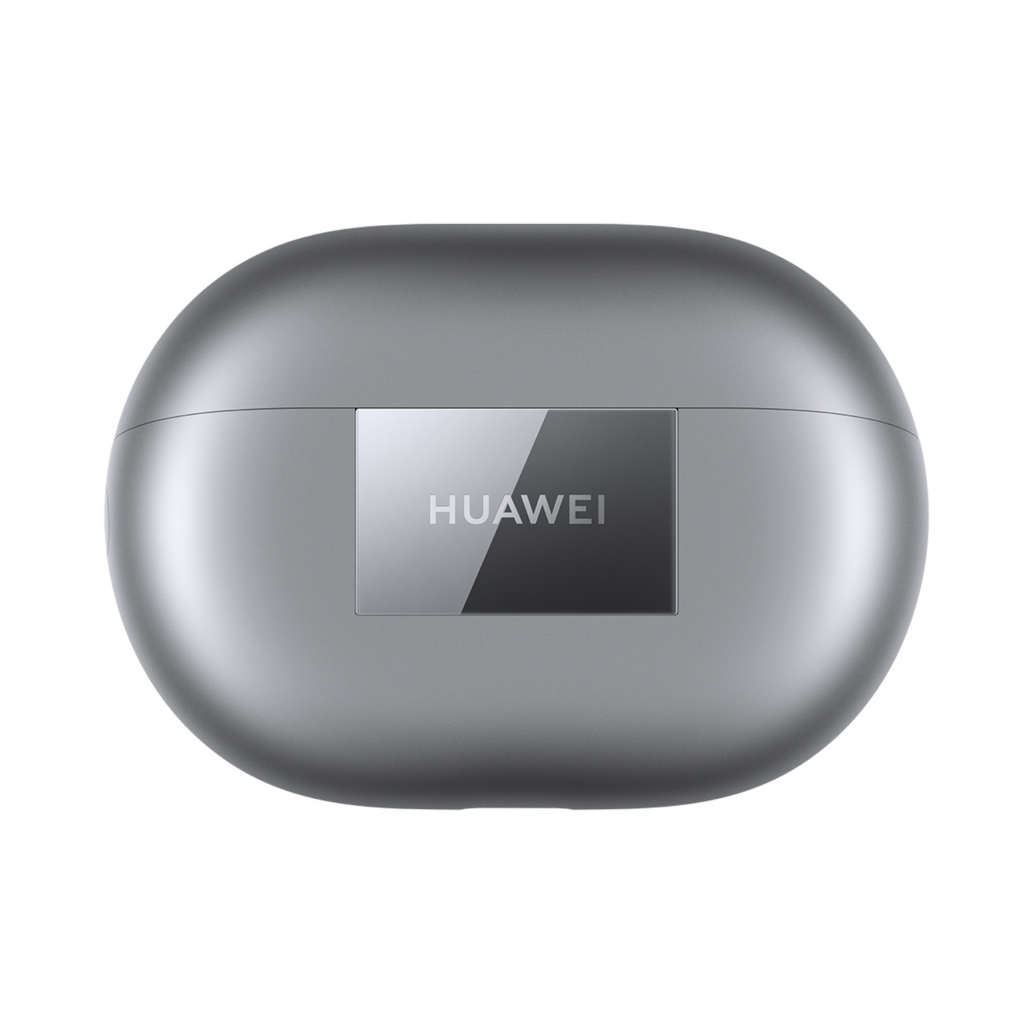 Estuche gris de auriculares Huawei. El estuche es ovalado, con el logotipo de Huawei en el centro.