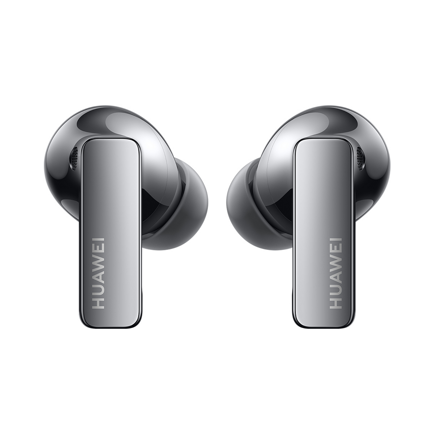 Auriculares plateados con la palabra HUAWEI en cada uno. Fondo blanco.