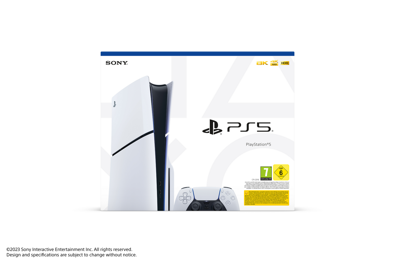 Una caja de consola PS5 y un controlador. La caja es blanca, con el logotipo de PS5 y la imagen de la consola.