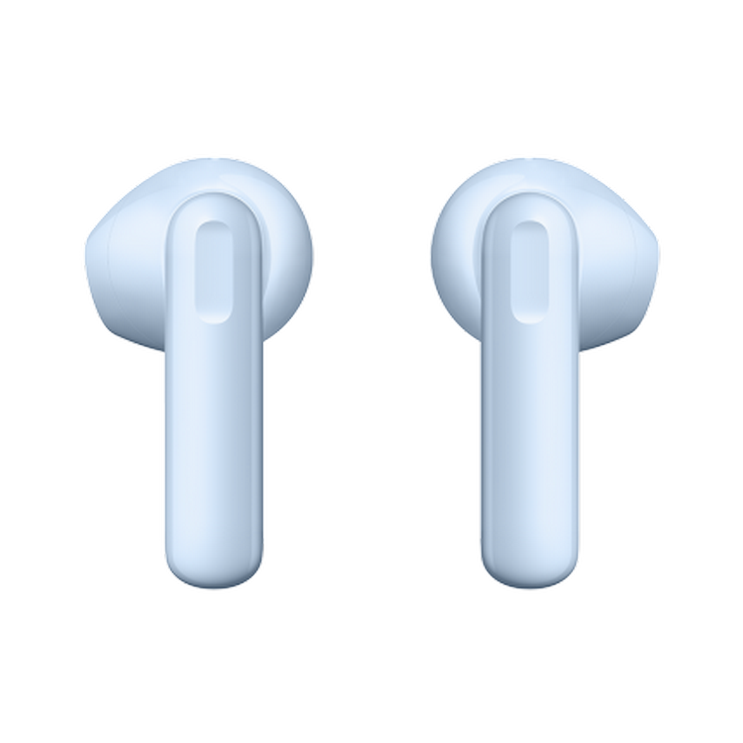 Dos auriculares inalámbricos celeste sobre fondo negro, vista de cerca.