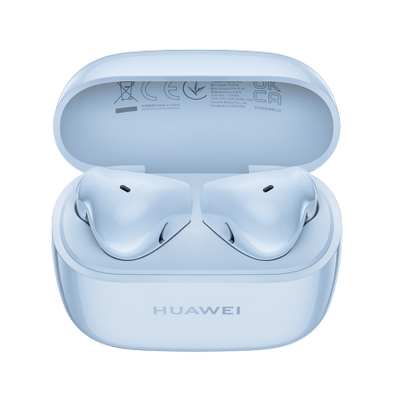 Auriculares Huawei azul claro dentro de su estuche de carga.