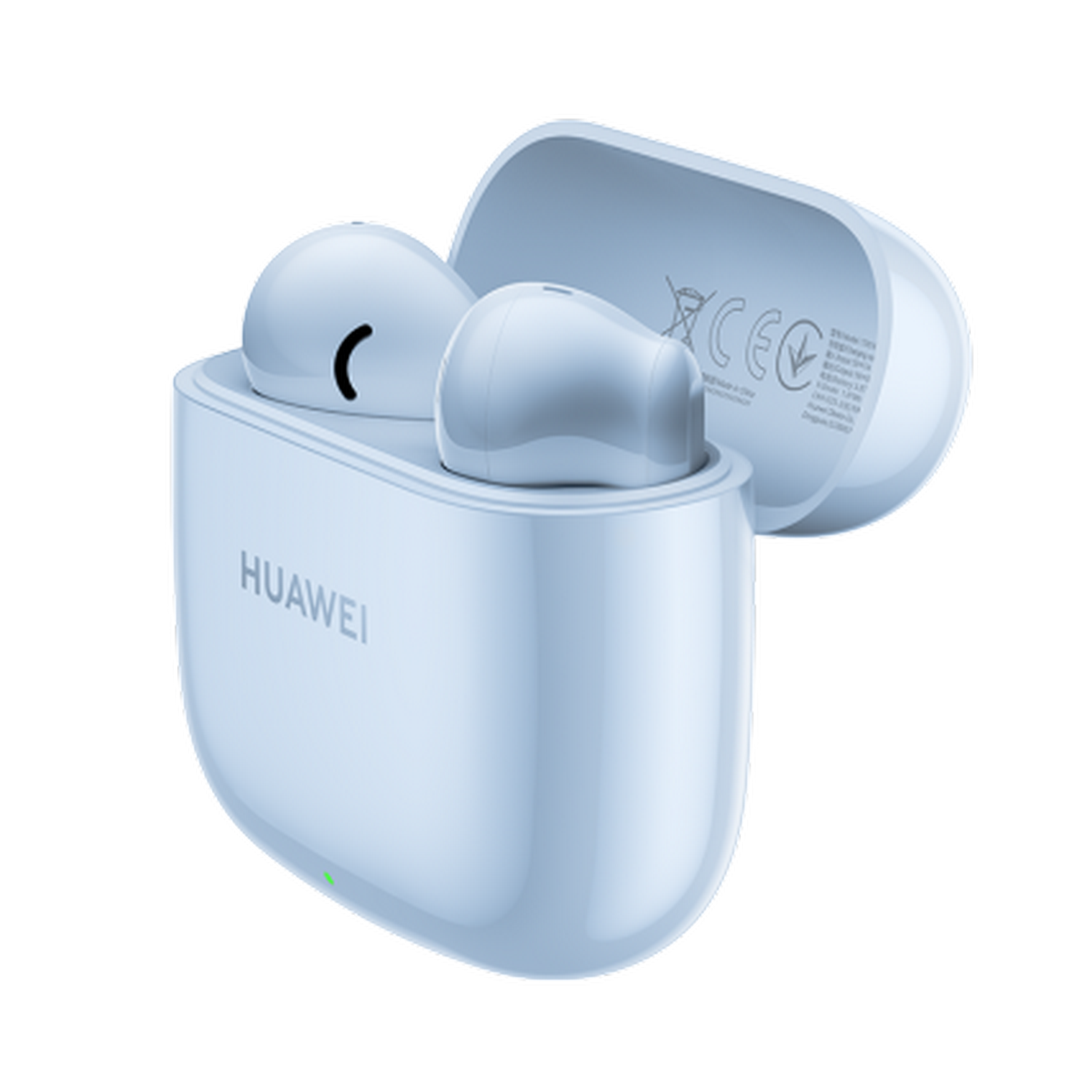 Auriculares inalámbricos azul claro en un estuche. El estuche está abierto y los auriculares son visibles.