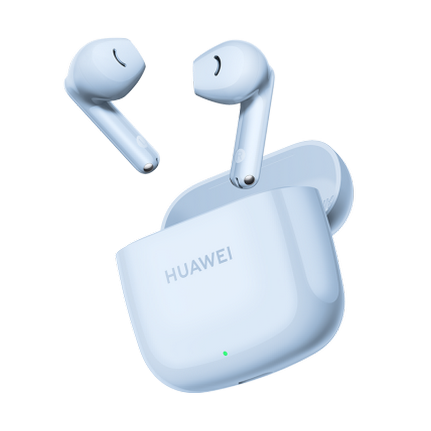 Auriculares inalámbricos celeste en estuche de carga. Estuche abierto.